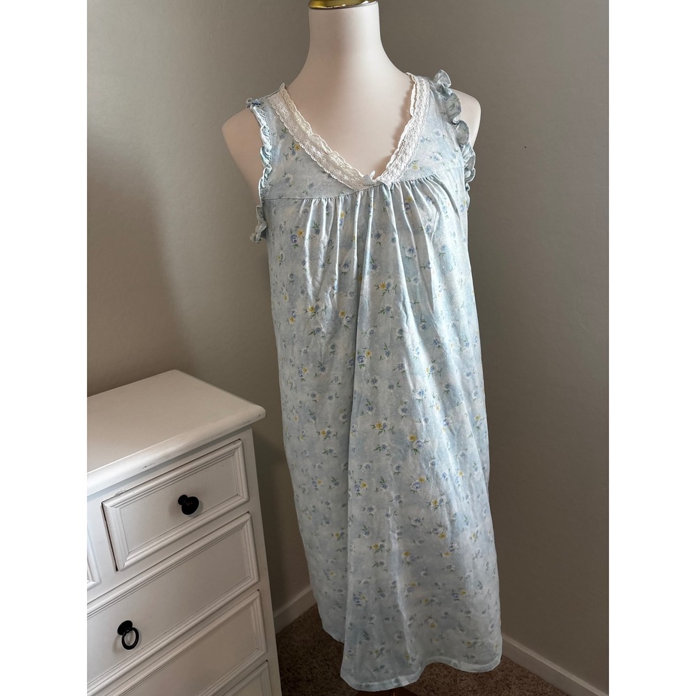 Vintage Blue Floral Lace Trim Sleeveless Nightgown Cottagecore Coquette Dress